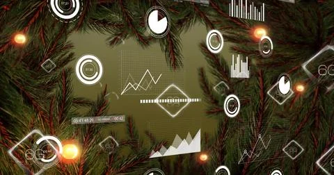 Framing pine branches around olive-green backdrop, showing holographic line Foto stock
