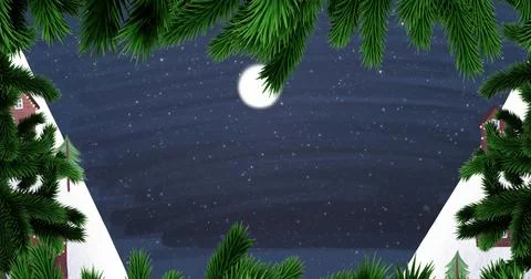 Framing pine branches creating border around snowy village roofs at night, with Stock Photos