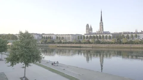 Framing of Rouen from the left side of the Seine river on sunset, 4K, F-Log Stock Footage 139173269