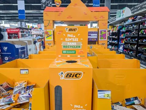 France, 10 August 2024: BIC back-to-school display in a store with recyclin.. Stock Photos