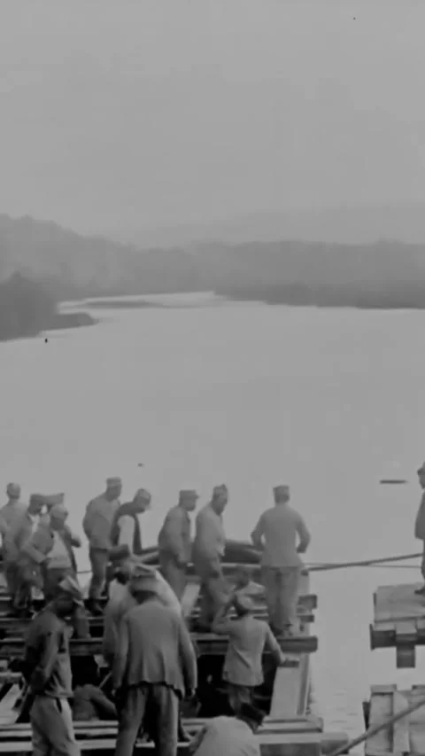 FRANCE - 1918 - US Army Engineers build a pontoon bridge in France. Video stock 342849028
