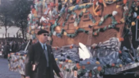 France - 1956: horses pull a float with a ship during a Carnival parade Stock Footage 256163767