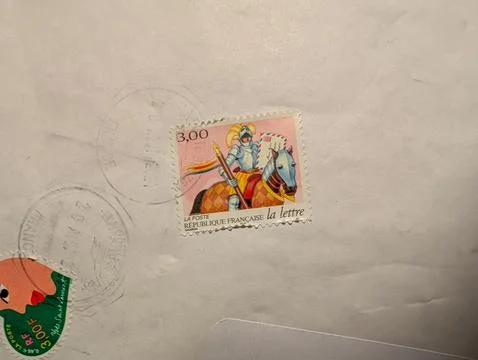 France, 22 August 2024: Close-up of a French postage stamp on an envelope f.. Stock Photos