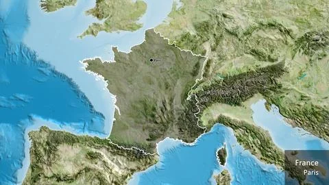France border shape overlay. Outlined. Satellite. Labels Stock-Illustration