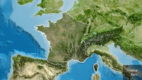 France border shape overlay. Outlined. Satellite. Labels Stock-Illustration
