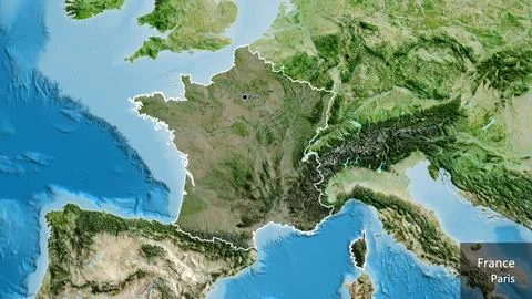 France border shape overlay. Outlined. Satellite. Labels 스톡 일러스트