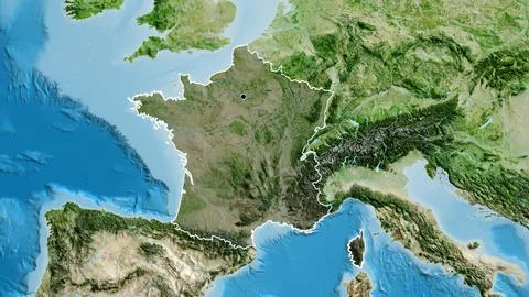 France border shape overlay. Outlined. Satellite. 스톡 일러스트