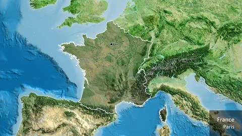 France border shape overlay. Outlined. Satellite. Labels Stock-Illustration