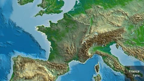 France border shape overlay. Outlined. Physical. Labels Stock-Illustration