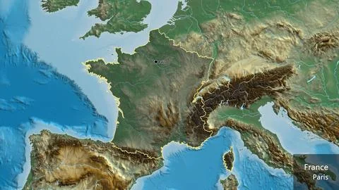 France border shape overlay. Outlined. Relief. Labels Stock-Illustration