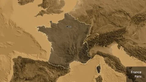 France border shape overlay. Outlined. Sepia elevation. Labels Stock-Illustration