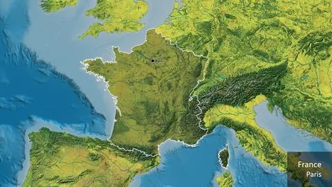 France border shape overlay. Outlined. Topographic. Labels Stock-Illustration