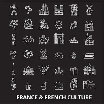 France editable line icons vector set on black background. France white outline Illustrazione stock