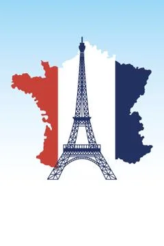France eiffel tower with flag map of happy bastille day vector design Stock Illustration