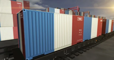 France export containers on cargo train wagons loop Stock Footage 318177467