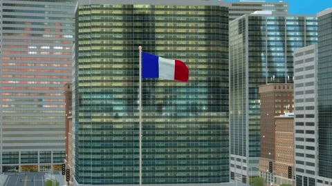 France Flag 3D Render Animation on Pole with Modern Business District Buildi Stockbeeldmateriaal 332878352