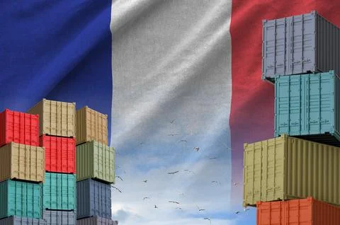 France flag and big stack of shipping cargo containers in docks with sky イラスト素材