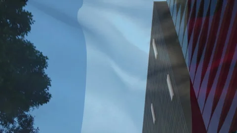 France flag animation over modern skyscraper and tree Stock Footage 306340231