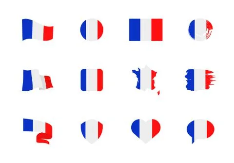 France flag - flat collection. Flags of different shaped twelve flat icons. Illustrazione stock