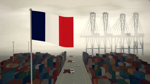 France Flag Flying Over A Container Port Terminal In Morning Haze Видео 344474915