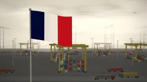 France Flag Flying Over Container Terminal Stacking Yard seamless loop Stock-Footage 344781916