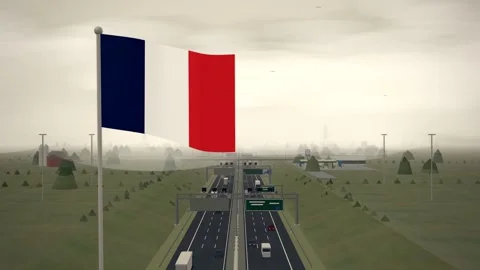 France Flag Flying Over Interstate Highway Rural Traffic seamless loop Stock Footage 344703136