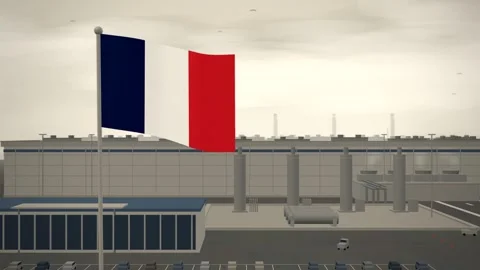 France Flag Flying Over Semiconductor Fabrication Plant Cleanroom seamless loop Stock Footage 344782218