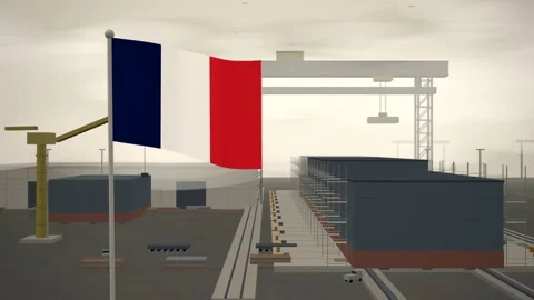 France Flag Flying Over Shipyard Building Berth Gantry seamless loop Vídeos de archivo 344847304