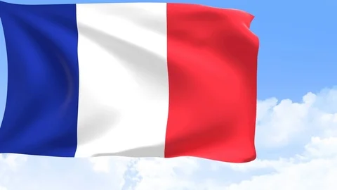 France flag in motion with sky and moving clouds behind. 3D rendering Stock Footage 97881306