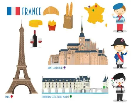 France Flat Icon Set Travel and tourism concept. Vector illustration Illustrazione stock