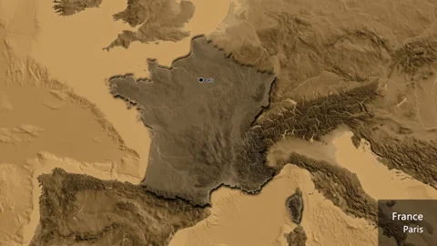 France on the globe. Bevel. Sepia elevation. Labels Video stock 141187498