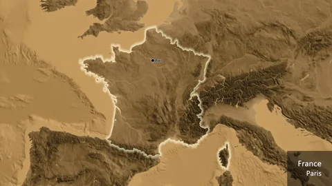 France on the globe. Glow. Sepia elevation. Labels Video stock 150667501