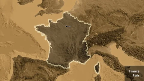 France on the globe. Glow. Sepia elevation. Labels Stock Footage 308839612