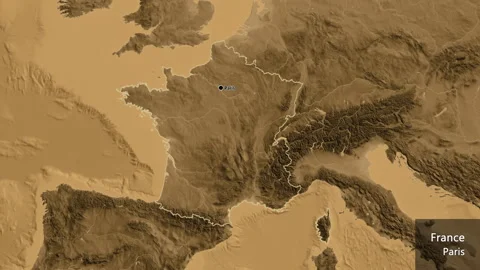 France on the globe. Outline. Sepia elevation. Labels Stock Footage 321786985