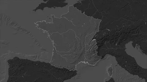 France highlighted on a Bilevel elevation map with lakes and rivers Stock Illustration