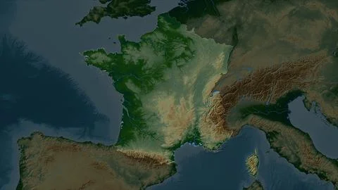 France highlighted on a Colored elevation map with lakes and rivers Stock Illustration