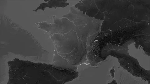 France highlighted on a Grayscale elevation map with lakes and rivers Stock Illustration