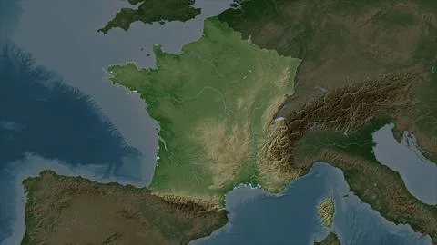 France highlighted on a Pale colored elevation map with lakes and rivers Stock Illustration