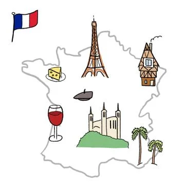 France landmarks vector map - Paris, Lyon, Cannes, Strasbourg, cheese, wine a Stock Illustration