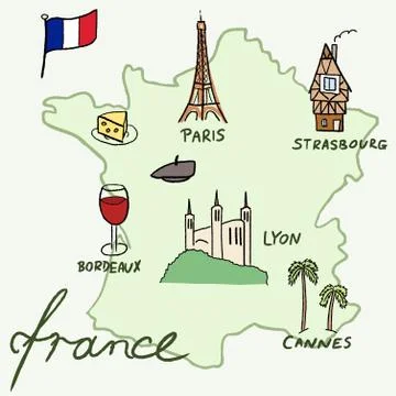 France landmarks vector map - Paris, Lyon, Cannes, Strasbourg, cheese, wine a Stock Illustration