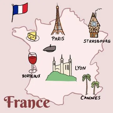 France landmarks vector map - Paris, Lyon, Cannes, Strasbourg, cheese, wine a Stock Illustration