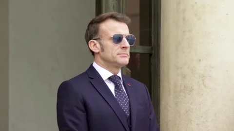 France: Macron keeps sunglasses on during diplomatic meetings after Davos... Stock Footage 327797811