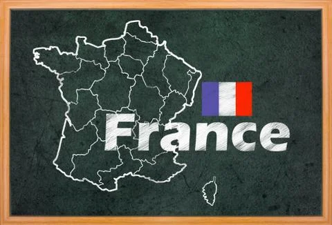 France map and flag draw on blackboard Ilustração Stock