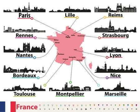 France map with largest cities skylines silhouettes vector set Stock Illustration