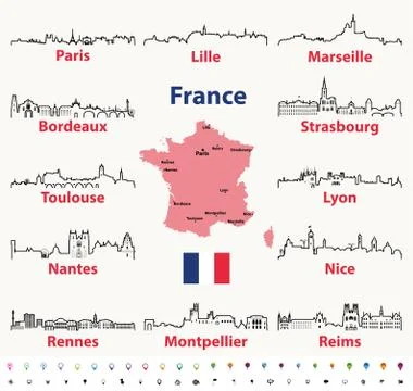 France map with largest cities skylines silhouettes vector set Illustrazione stock