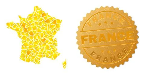 France Map Mosaic of Gold Elements and Metallic France Stamp Stock Illustration
