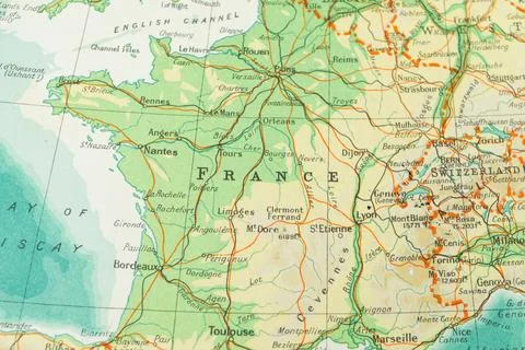 France on the map showing geographical elements like roads, rivers, lakes, .. Stock Photos