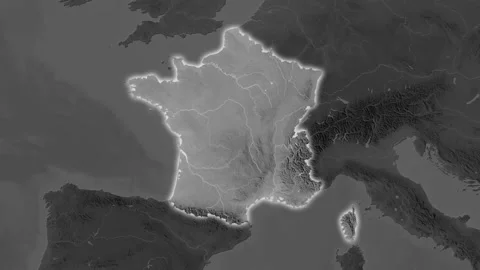 France map - solid. Glow. Grayscale. Labels Stock Footage 176974610