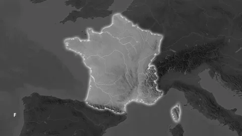 France map - solid. Glow. Grayscale. Labels Stock Footage 221024673