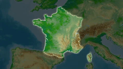 France map - solid. Glow. Physical. Labels Stock Footage 176975395